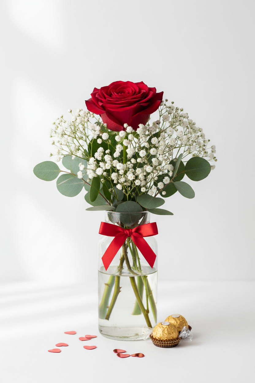 1 Rose with filler and greenery in a glass vase. valebtines day edition