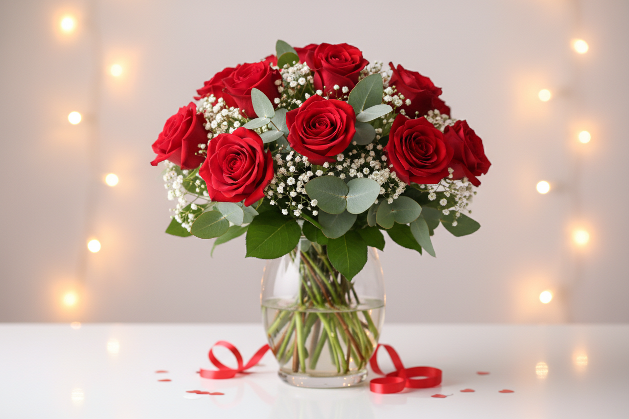 Valentine's Day Edition 12 Roses with filler and greenery placed into an elegant vase.