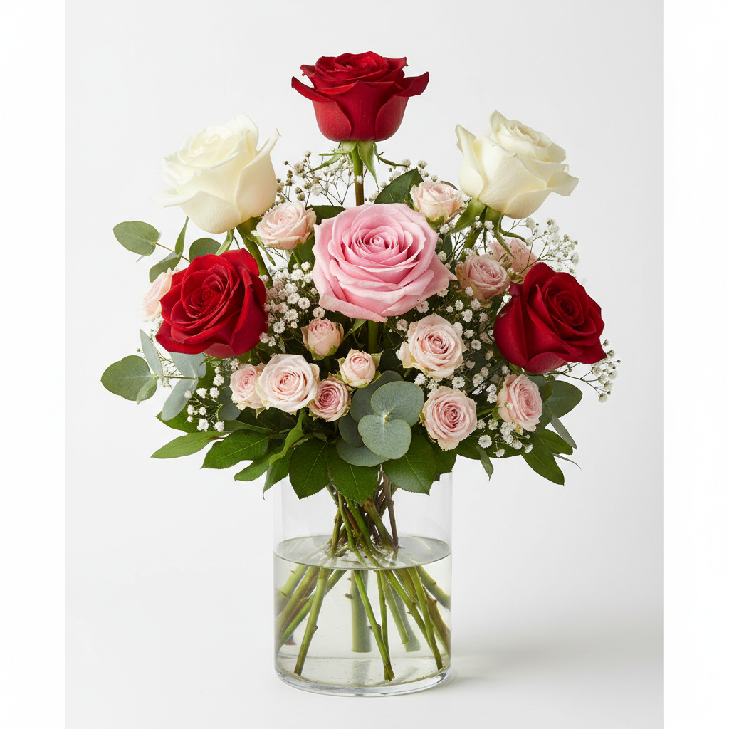 valentines day edition 6-8 Roses, spray roses for accent, baby breath filler, and eucalyptus  greenery in a clear vase.&nbsp; Rose color may vary to what is available.&nbsp;